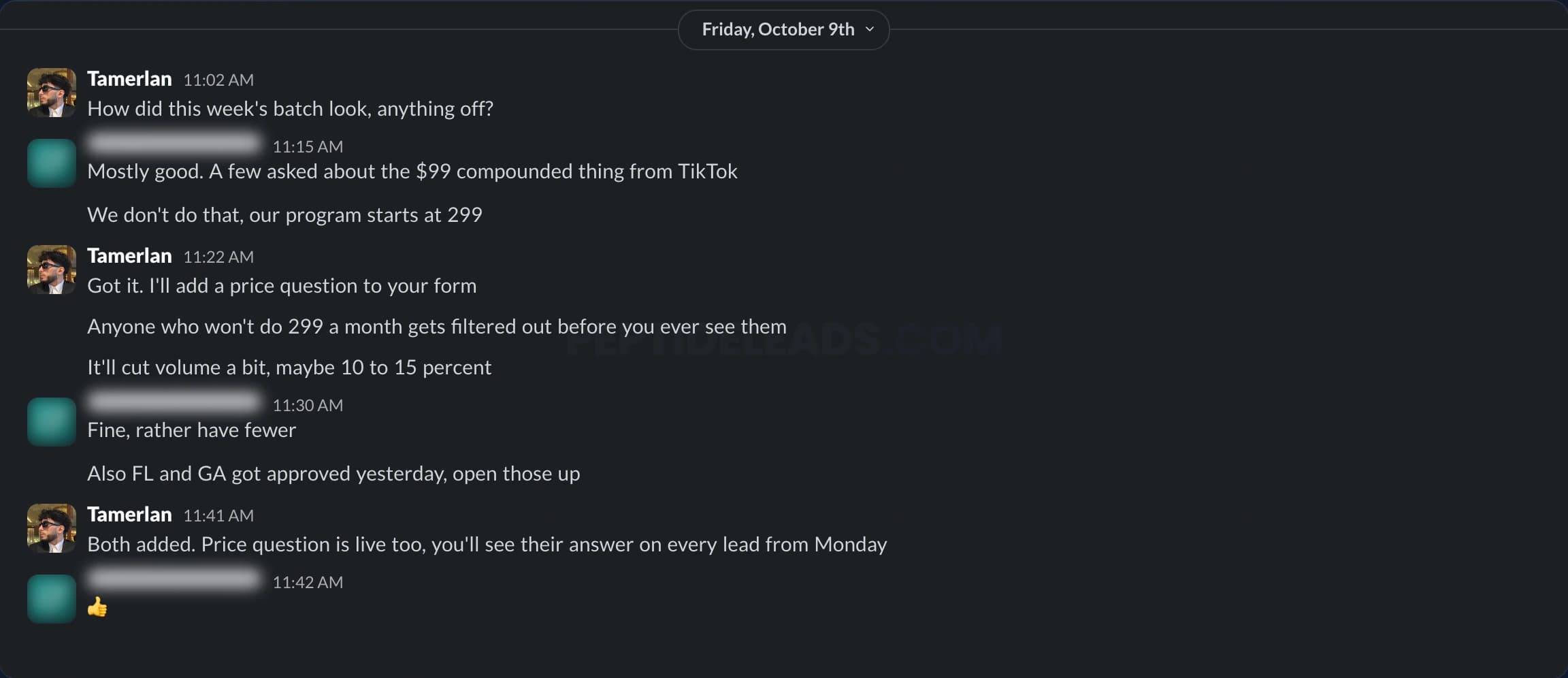 Client conversation 3 of 5 on Slack, client details hidden