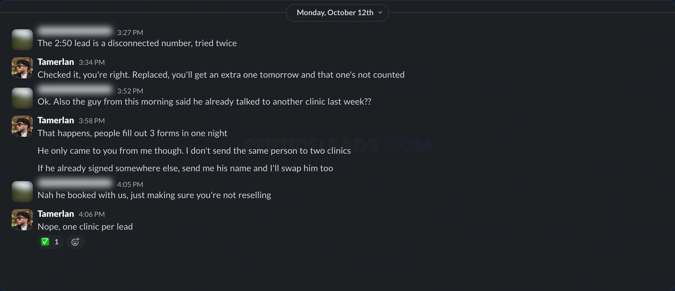 Client conversation 4 of 5 on Slack, client details hidden