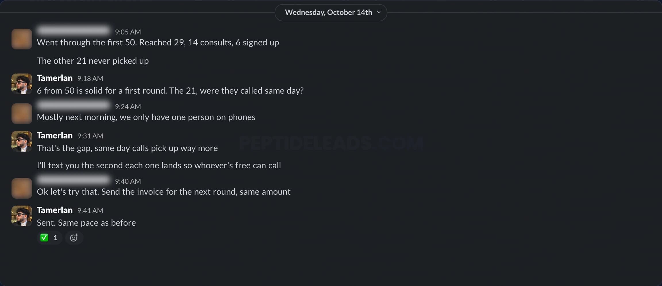 Client conversation 5 of 5 on Slack, client details hidden